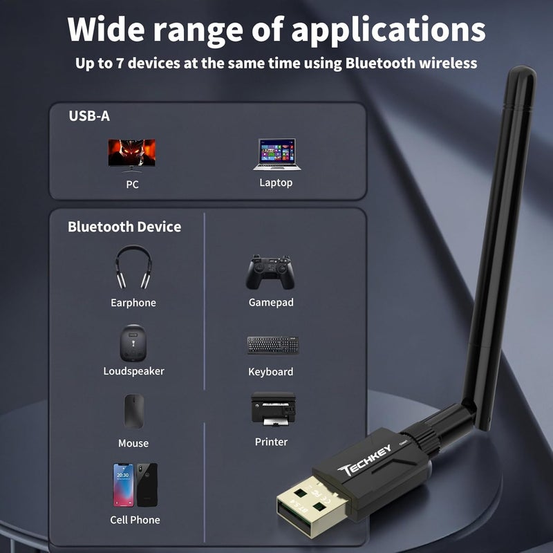 TECHKEY USB Bluetooth 5.4 Adapter for Desktop PC: Long Range 500FT Wireless Dongle with 5dBi Antenna Plug & Play for Laptop Windows 11/10/8.1, Pair BT Headphones/Headset/Speaker/Mouse/Keyboard/Printer - Image 5